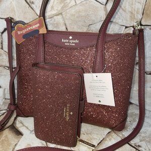 Shimmy Glitter Lola Satchel Crossbody Deep Nova Burgundy Wallet Set Kate Spade